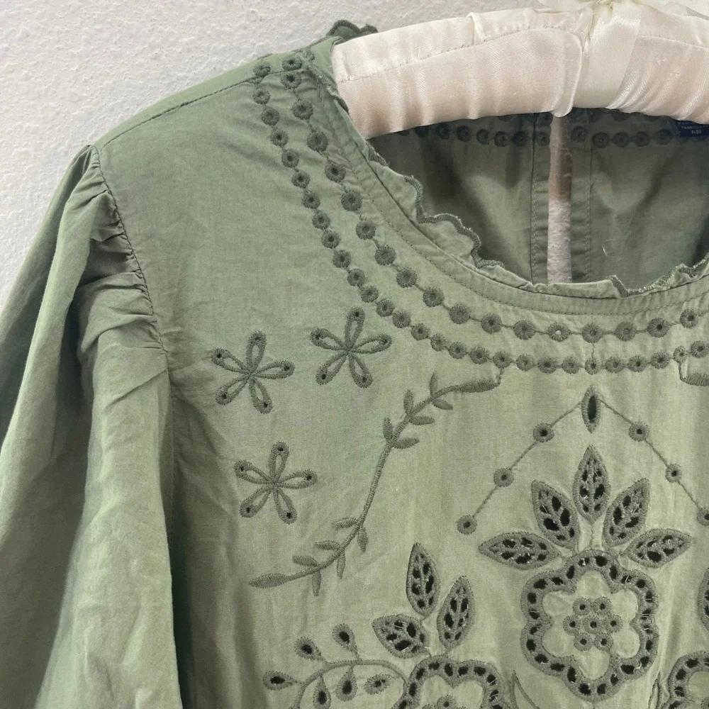 American Eagle Eyelet Embroidered Mini Dress Women M Green Cotton Ruffle Mori - Picture 2 of 15